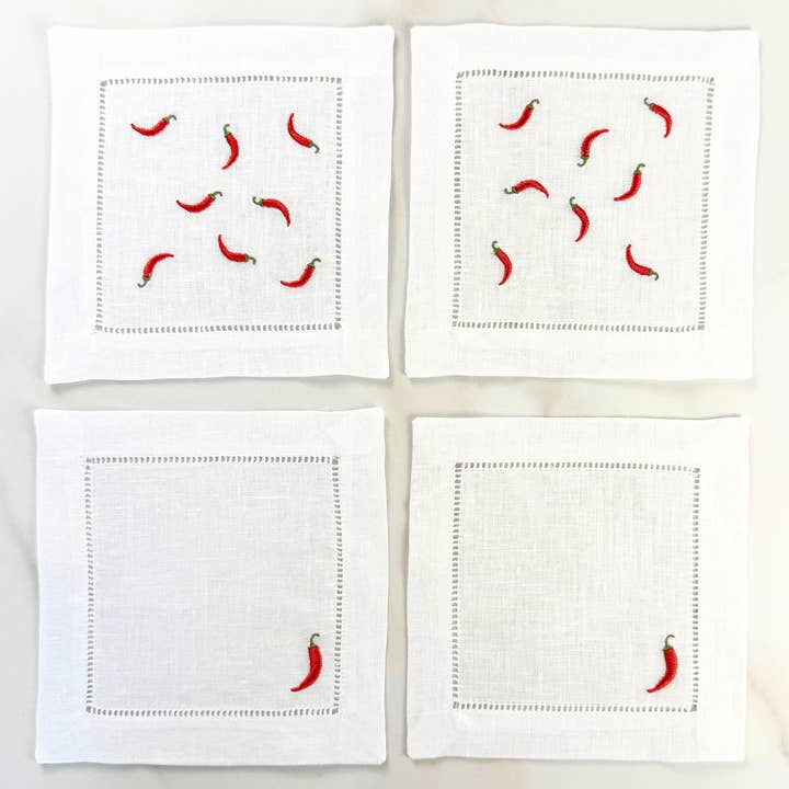 Chili Pepper Embroidered Cocktail Napkin Set for wholesale by Casey Jo Paper Co.
