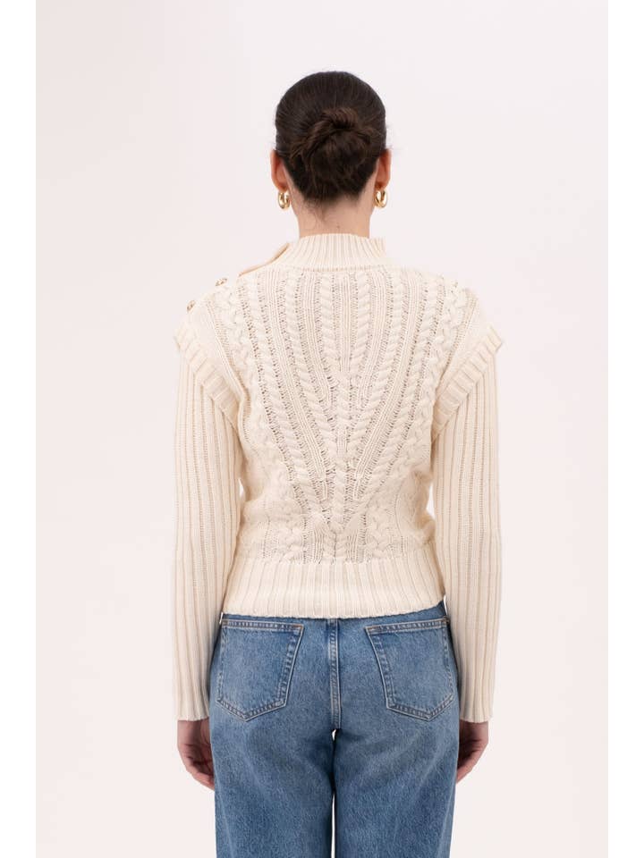 CREAM MOCK NECK SIDE SHOULDER BUTTON CABLE KNIT SWEATER for wholesale on Faire