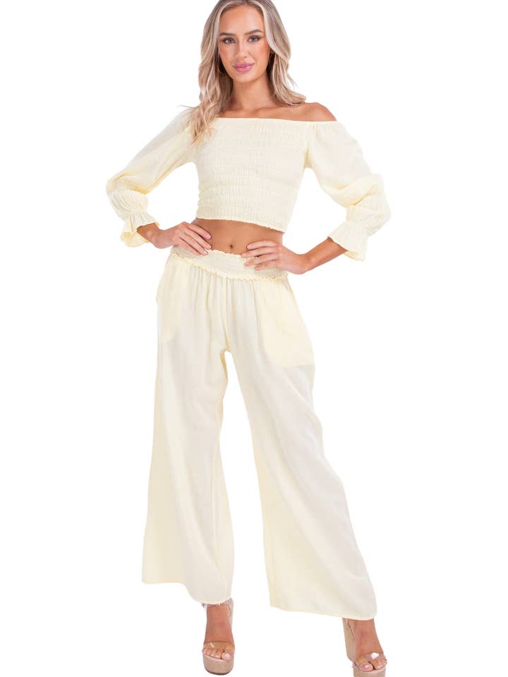 Smocked Waist Cotton Wide Leg Pants - Baby Yellow for wholesale on Faire1
