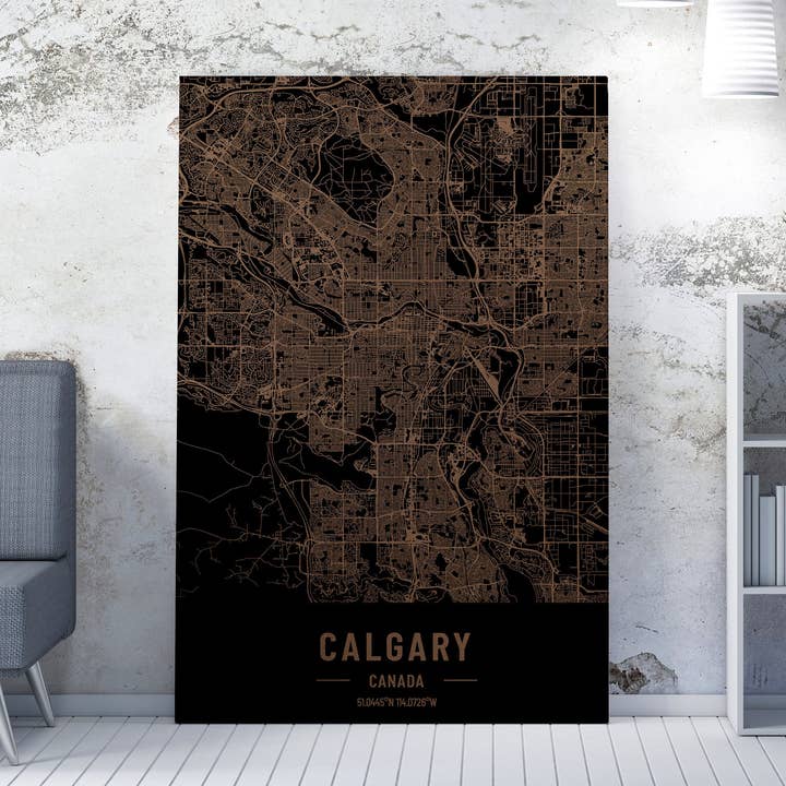 Carte de Calgary, Canada, gravure sur bois. pour la vente par Kustwood