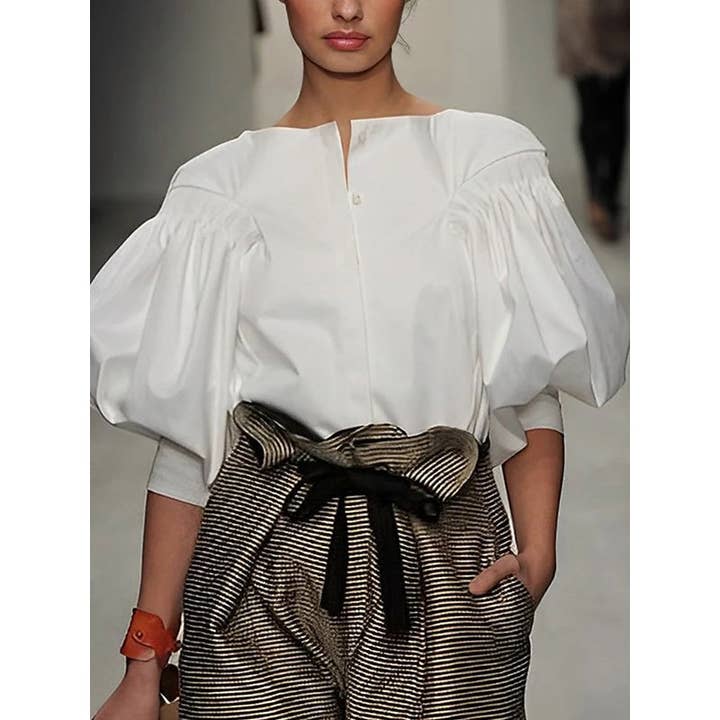 Sheer Trend - Wholesale Blouse - Women's - Puff Sleeves Buttoned Solid Color Blouses&Shirts Tops