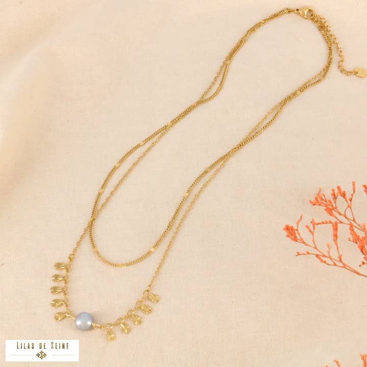 Stainless steel double-row necklace with pearl 0124052 for wholesale by Lilas de Seine