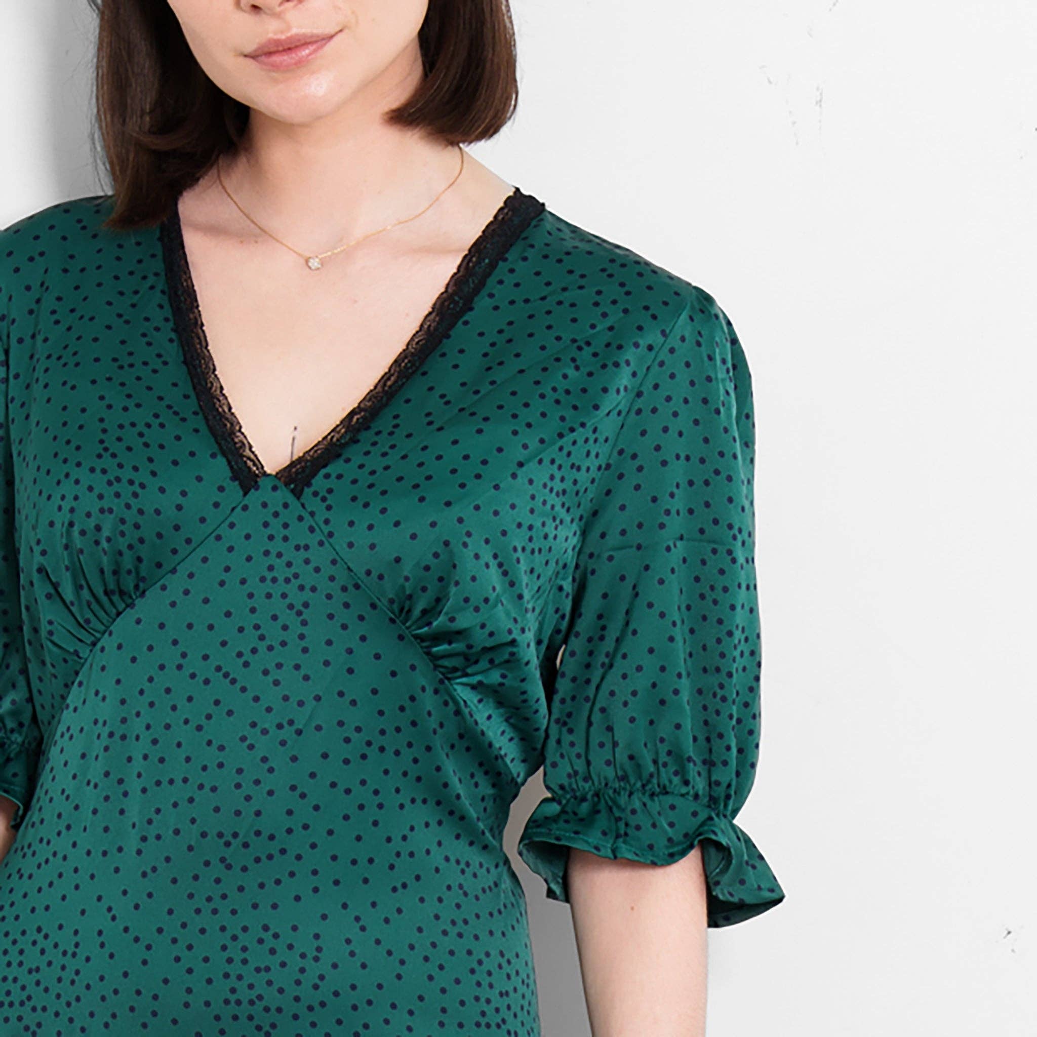 Sarta – wholesale Dress – Women's – Elise V-Neck Tea Dress- Green/Teal, Polka Dot6