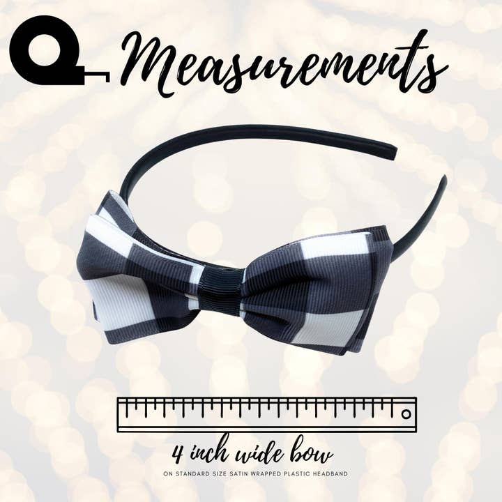 Girls Buffalo Check Plaid Lumber Jack Print Bow Headband, Black and White Plaid for wholesale on Faire
