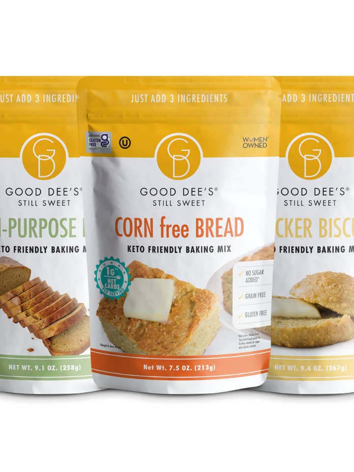 Pacchetto pane - Senza glutine, senza zuccheri aggiunti - 1 miscela per pane multiuso, 1 miscela per pane senza mais, 1 miscela per biscotti cracker per la vendita all'ingrosso da parte di Good Dee's