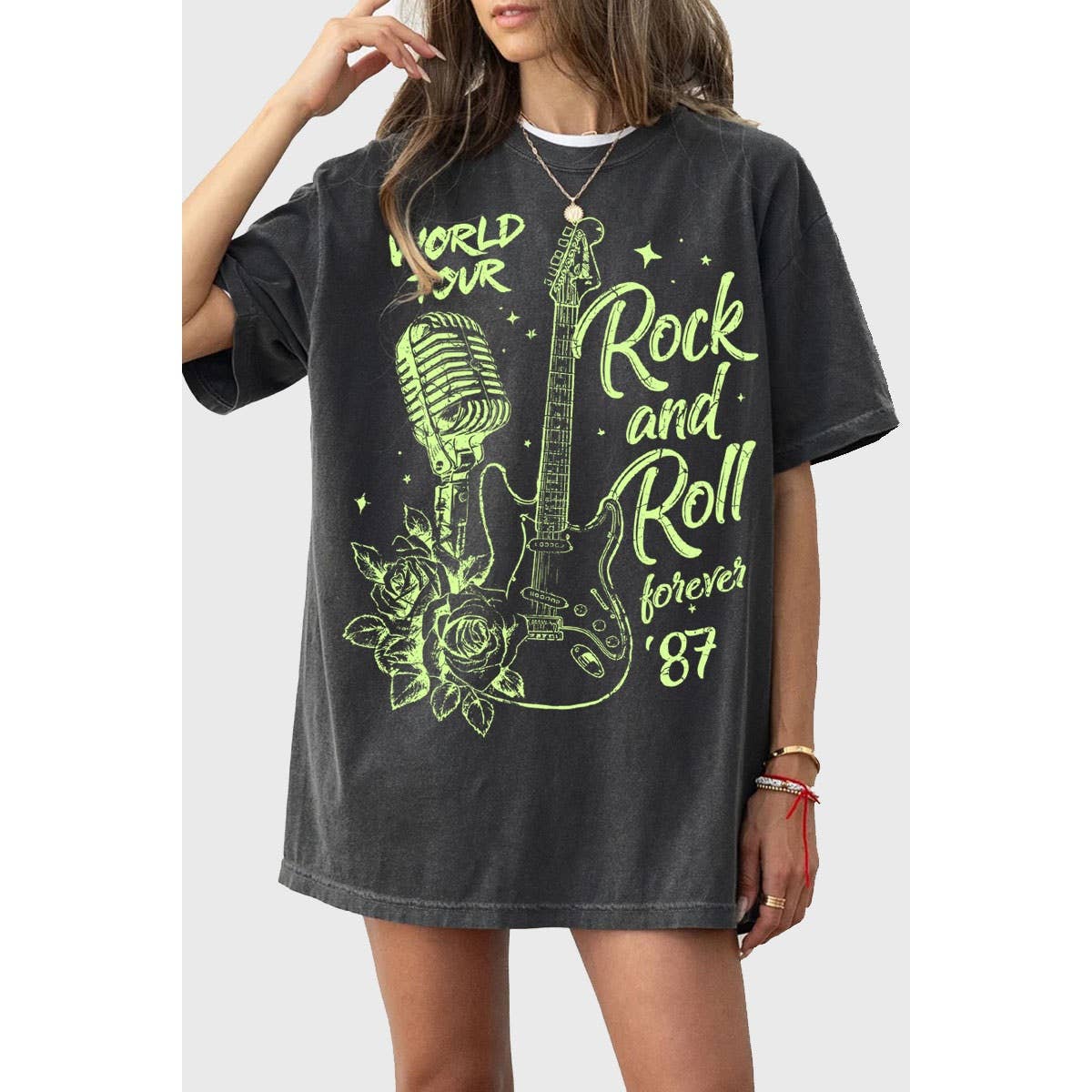 HRTandLUV - Vente Tunique – femme - T-SHIRT À IMPRIMÉ MINÉRAL SURDIMENSIONNÉ ROCK N ROLL FOREVER0