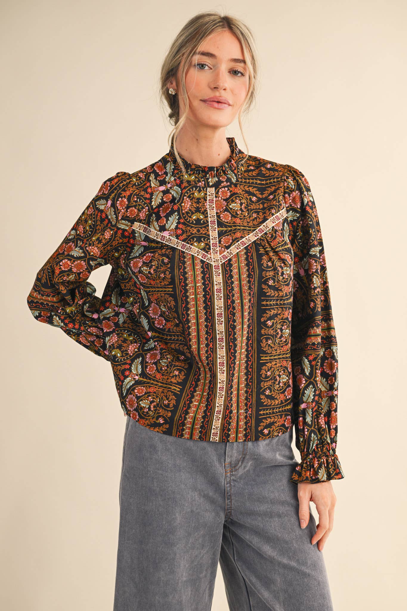 &MERCI - Wholesale Blouse - Women's - EXCLUSIVE FLORAL PRINT TOP WITH FLORAL TRIM MTP45282