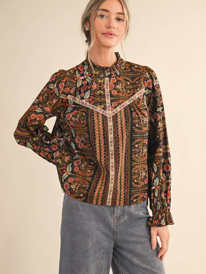 &MERCI - Wholesale Blouse - Women's - EXCLUSIVE FLORAL PRINT TOP WITH FLORAL TRIM MTP45282