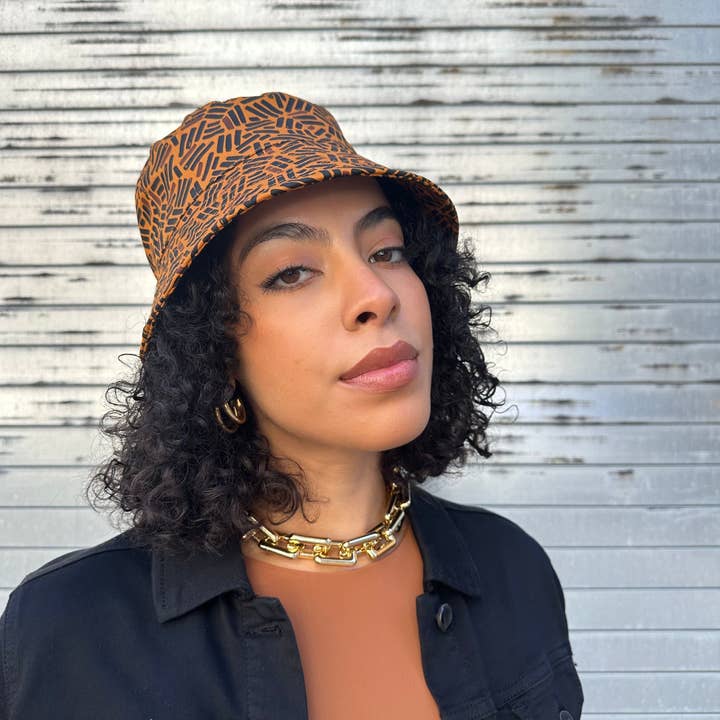 Brown Satin Lined Printed Bucket Hat in Umber for wholesale on Faire