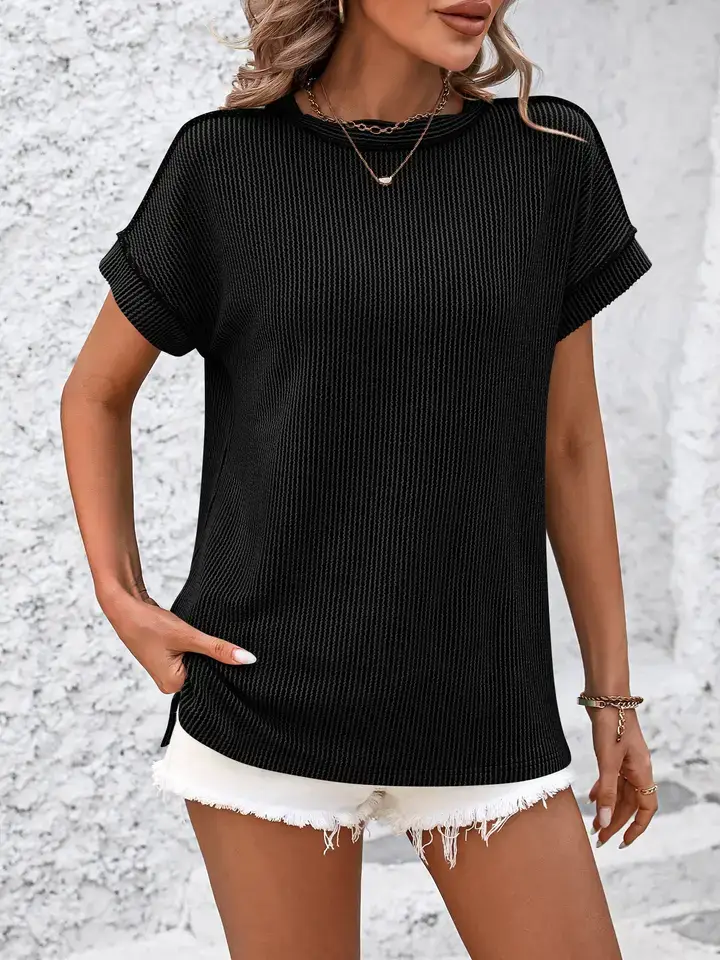 Lovesoft - Wholesale Knit Top - Women's - Backstitch Stripe Knit Short-Sleeve Casual T-Shirt11