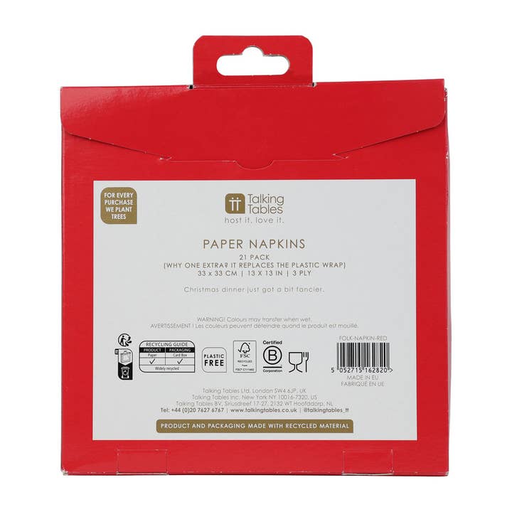 Talking Tables USA - Wholesale Disposable Napkin - Folk Red Christmas Paper Napkins - 20 Pack | Vintage |2