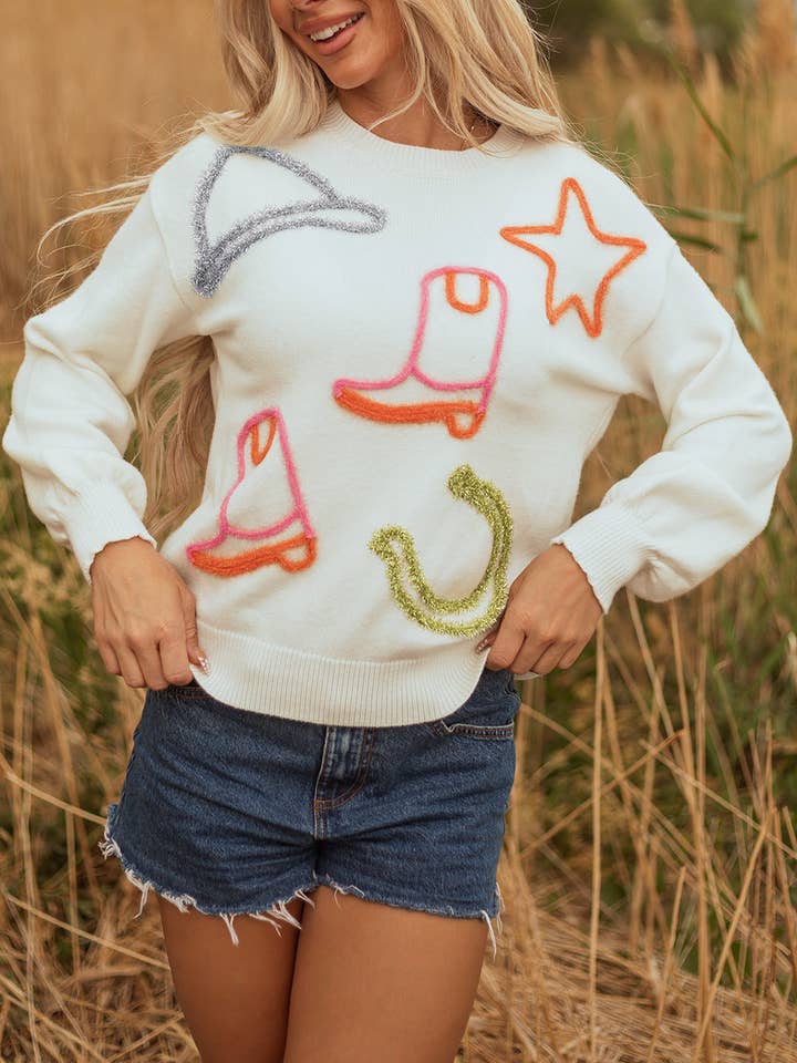 Western Tinsel Boots Trui met Ronde Hals voor wholesale door PRETTY BASH
