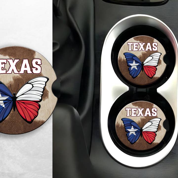 Bilunderlägg med Texas-tema med grafik av fjäril på kohud för wholesale av DK LaserWorx