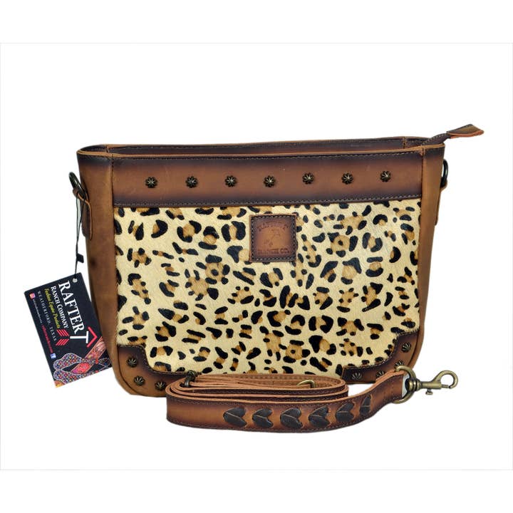 Rafter T Ranch Company - Wholesale Crossbody Bag - Women's - Crossbody Bag Leopard Hair, Brown Leather, Brass Closures