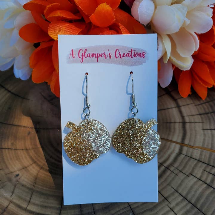 A Glamper's Creations LLC - Wholesale Dangle Earrings - Gold Glitter Acrylic Pumpkin Earrings