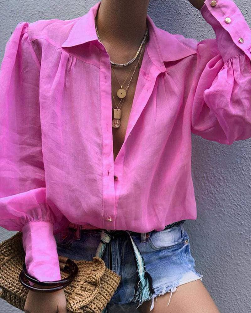 HOT PINK Chic Lantern Sleeve Button-Up Shirt for Everyday Boutique St for wholesale on Faire1