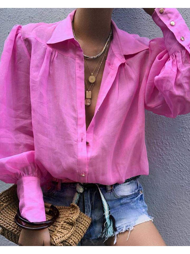 HOT PINK Chic Lantern Sleeve Button-Up Shirt for Everyday Boutique St for wholesale on Faire1