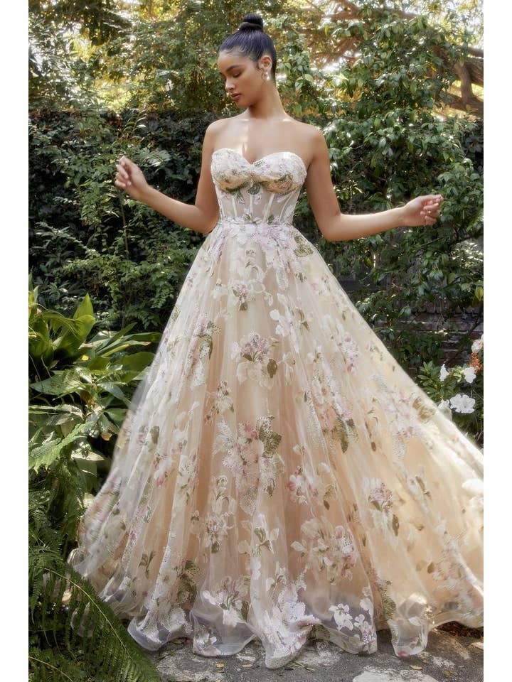 Champagne Magnolia Corset Printed Gown for wholesale on Faire
