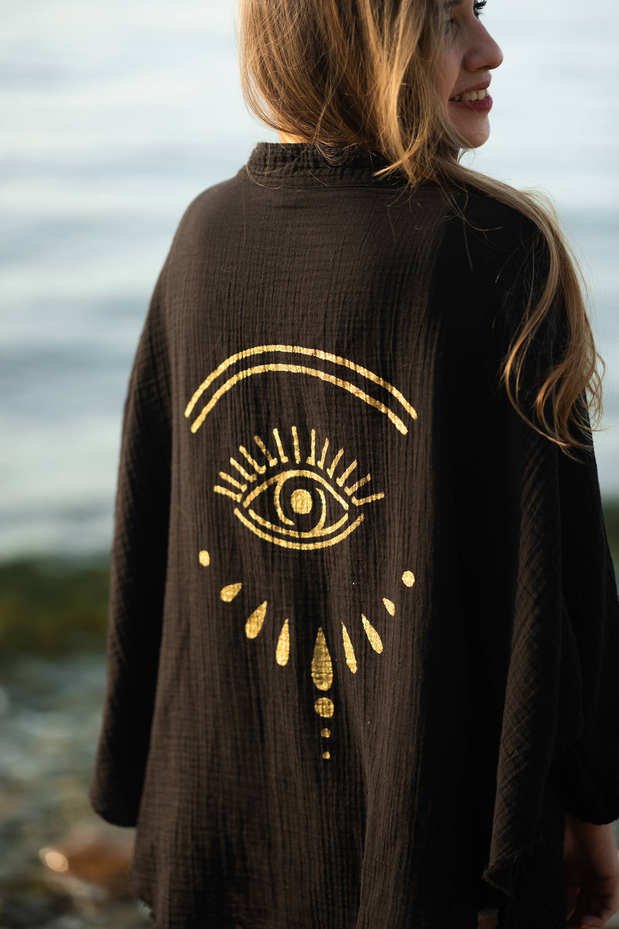 Moa - Wholesale Kimono - Women's - Cream Evil Eye Muslin Kimono Robe / Poncho14