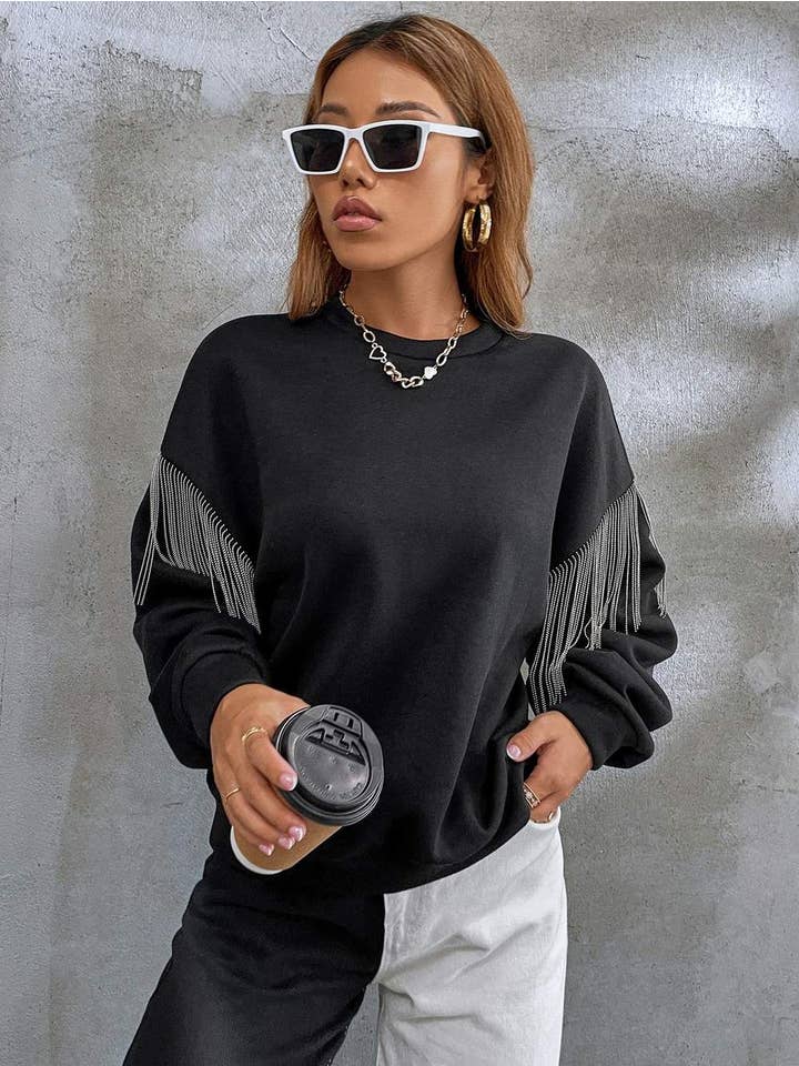Queen Fashion - Wholesale Sweatshirt - Women's - solid fringe detail drop shoulder sweatshirt