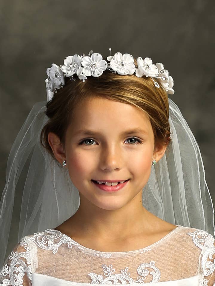 Flower Crown Veil with White Faux Flowers & Rhinestone for wholesale by Kid's Dream