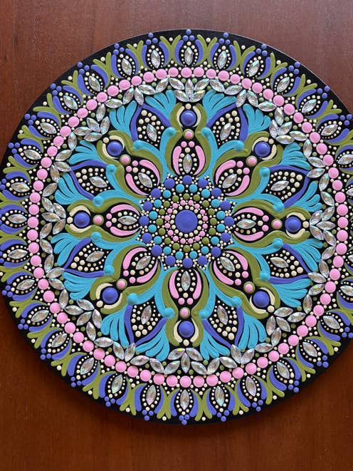 12" Hand Painted Mandala for wholesale by Kim Bader- Hand painted mandalas