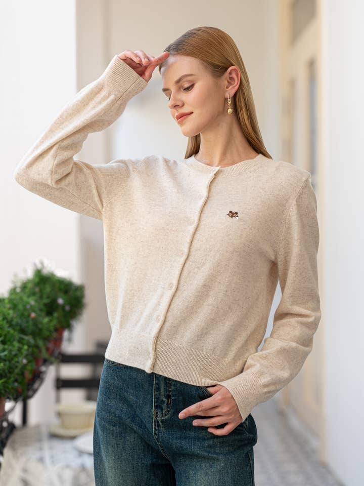 ROSIE POSIE - Wholesale Cardigan - Women's - 100% Wool Beige Cardigan with Squirrel Motif