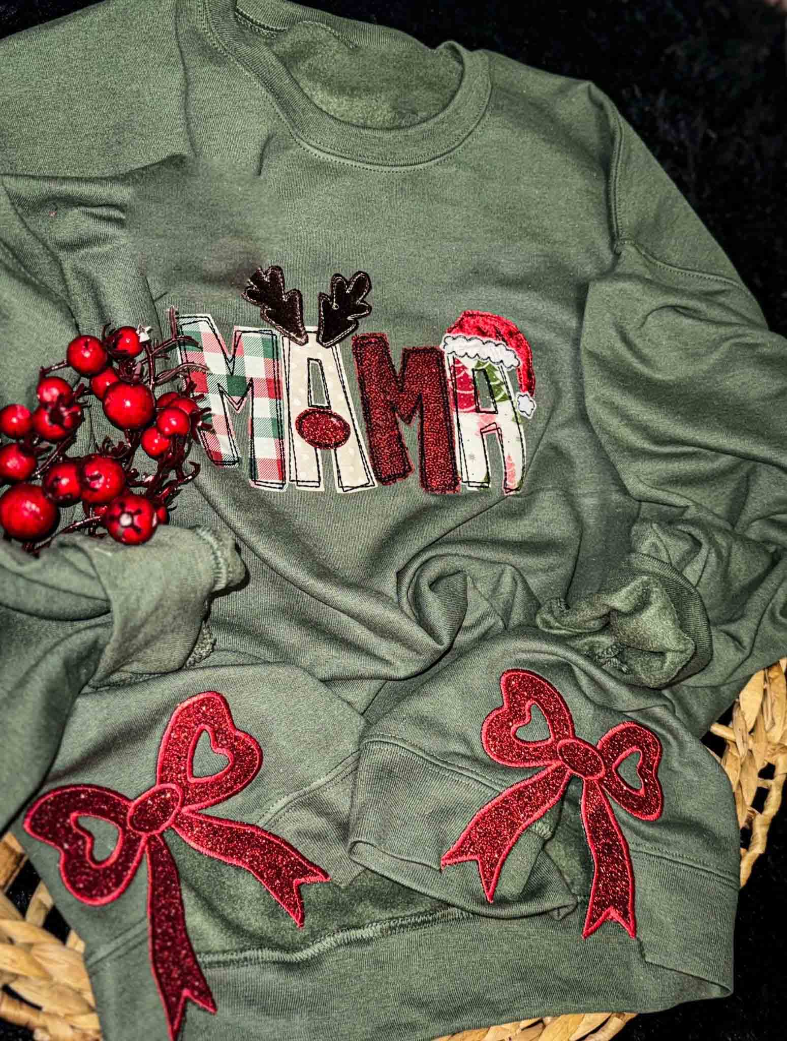 NVC Ecommerce LLC - Wholesale Graphic Sweatshirt - Women's - Mama Christmas Side Bow, Embroidered Side Bow Sweatshirt1