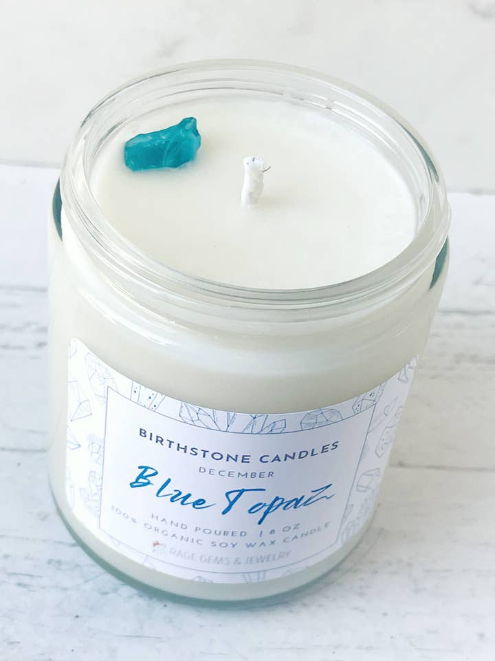 Candela in cera di soia biologica Birthstone di dicembre con topazio blu per la vendita all'ingrosso da parte di Rage Gems & Jewelry