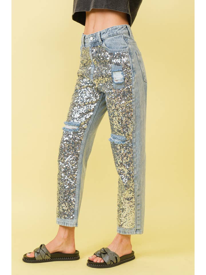 SILVER LIGHT WASH 34546P - Sequin Sprinkled Denim Jeans for wholesale on Faire