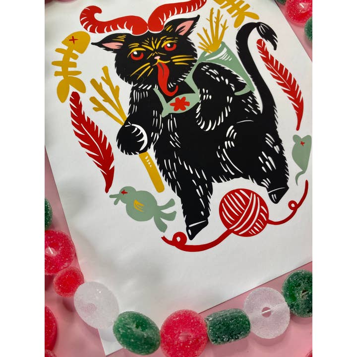 Melissa Pothier Art - Wholesale Art Print - Krampus Cat Art Print, Krampus Kitty, Cat Gift, Cat Art1