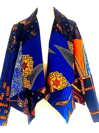 Lia Shawl Drape Collar Blue African Print Ankara Jacket for wholesale by Sosome