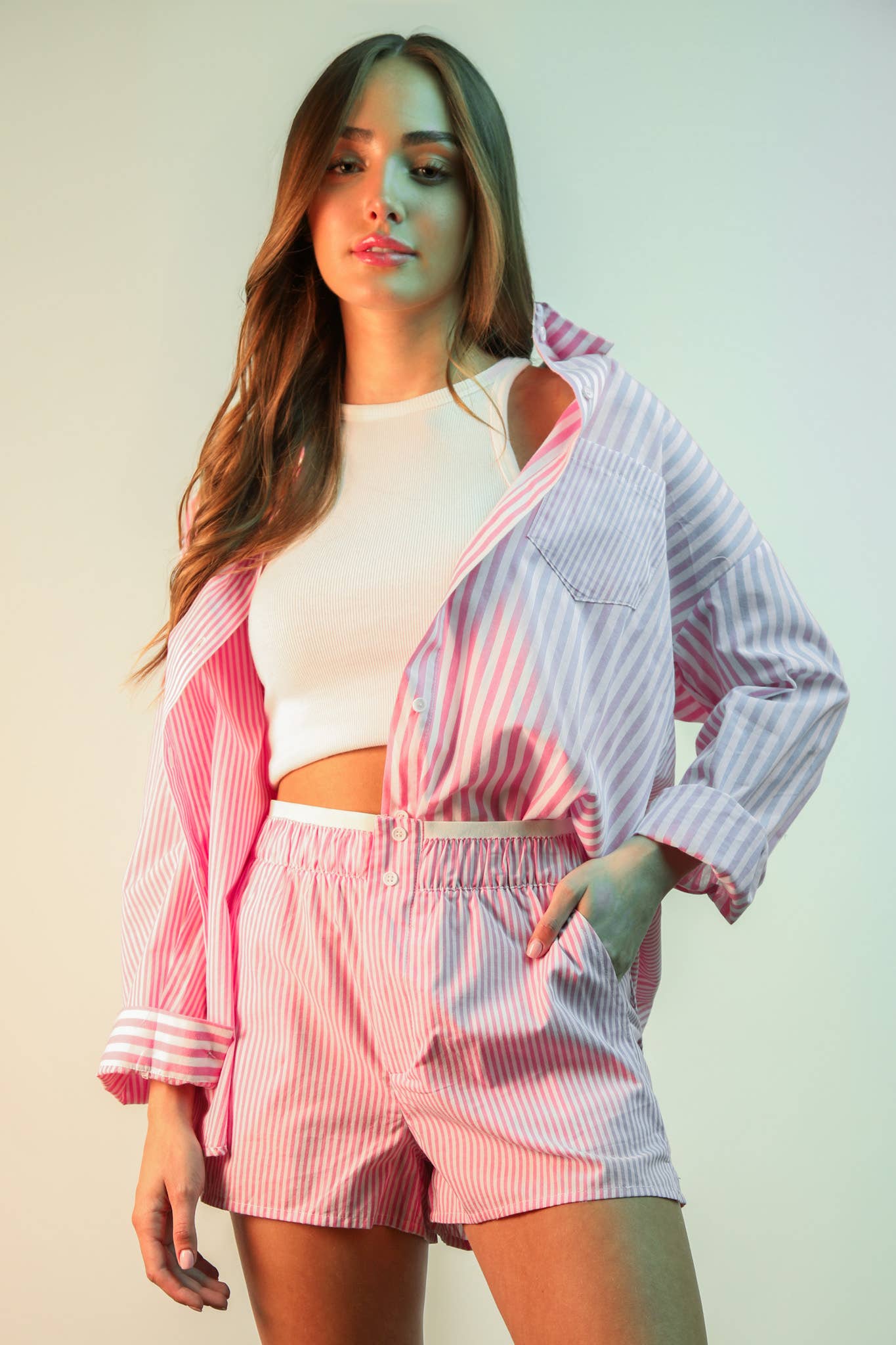 VERY J - Wholesale Lounge Set - Women's - NT12020SET-Striped Oversized Comfy Shirt Top & Shorts Set2