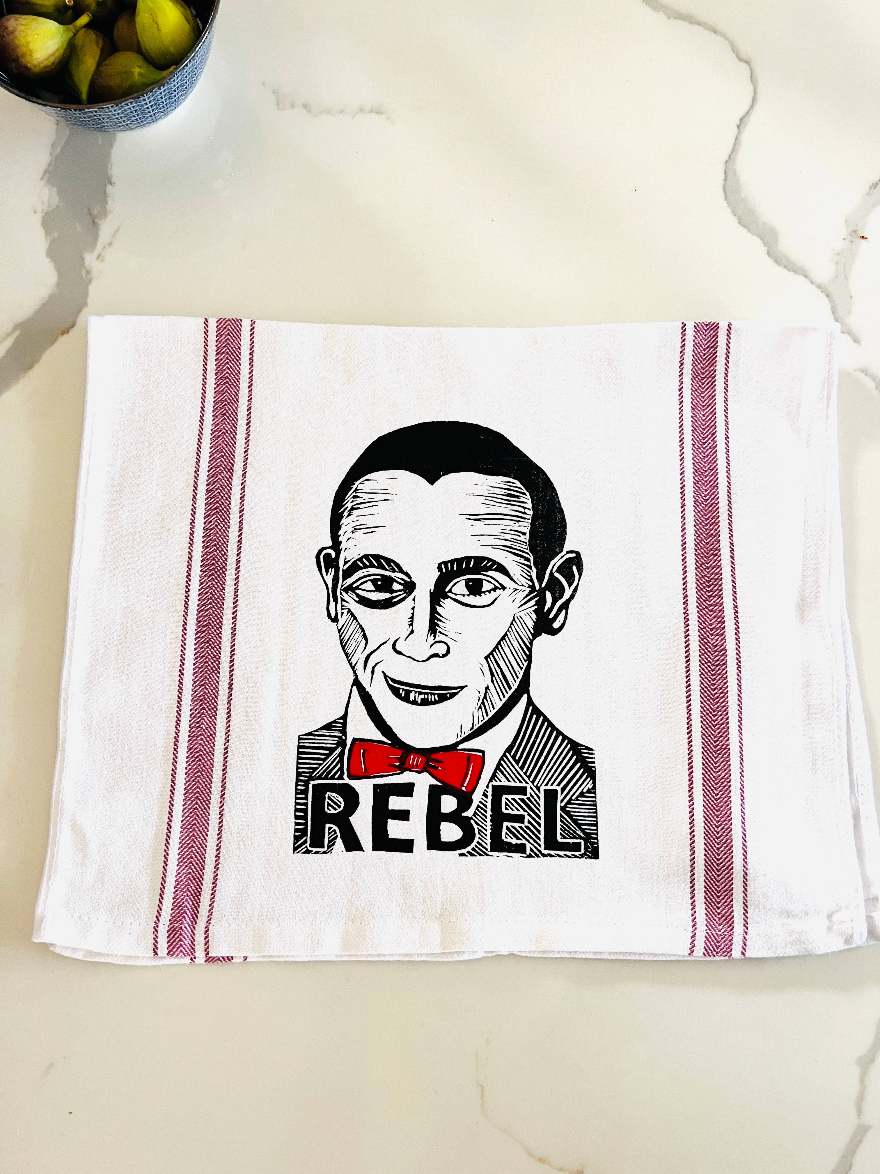 Pixel Palmer - Wholesale Tea Towel - Pee-wee Herman REBEL - tea towel, all cotton, kitchen, cooking, baking, food