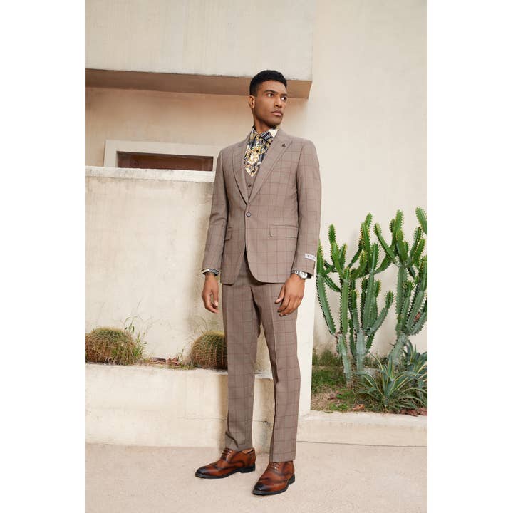 Stacy Adams Tan Windowpane 3pc Mens Suit Reversible Vest for wholesale by Suits America
