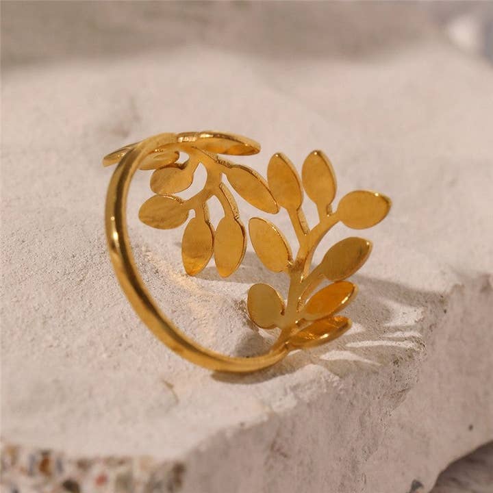 Plush Looks - Wholesale Cocktail/Statement Ring - Stainless Steel Leaf Design Open Ring