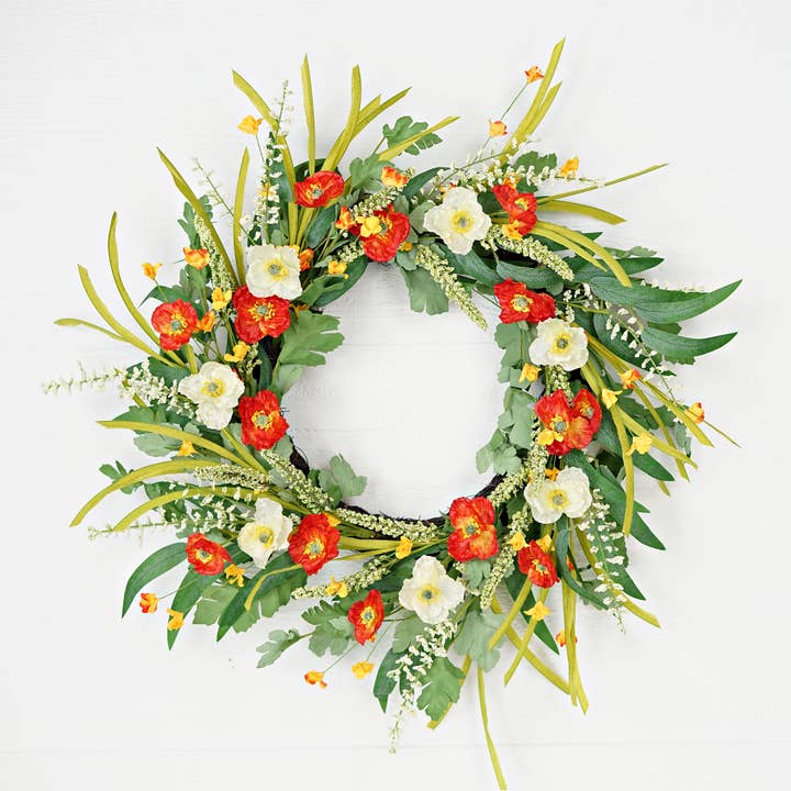 35130- 22in Wreath-Orange Cream Poppy Garden for wholesale by Holiday Depot Inc.