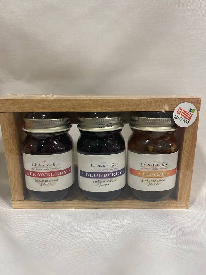 Trio set- three 2-ounce single jars for wholesale by three b's jams. LLC