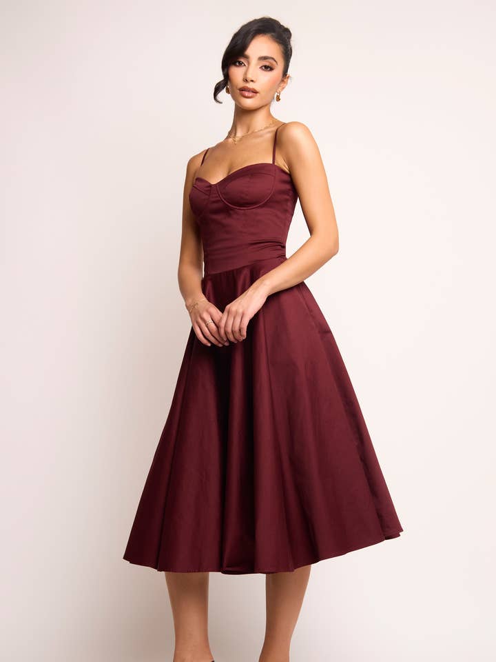 Jade Burgundy Corset Midi Dress for wholesale by Jaded Rose
