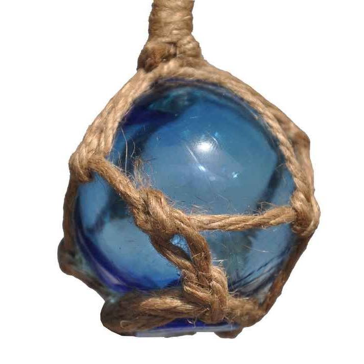 Hampton Nautical - Wholesale Decorative Tabletop Object - Light Blue Japanese Glass Ball Fishing Float With Brown Nett2