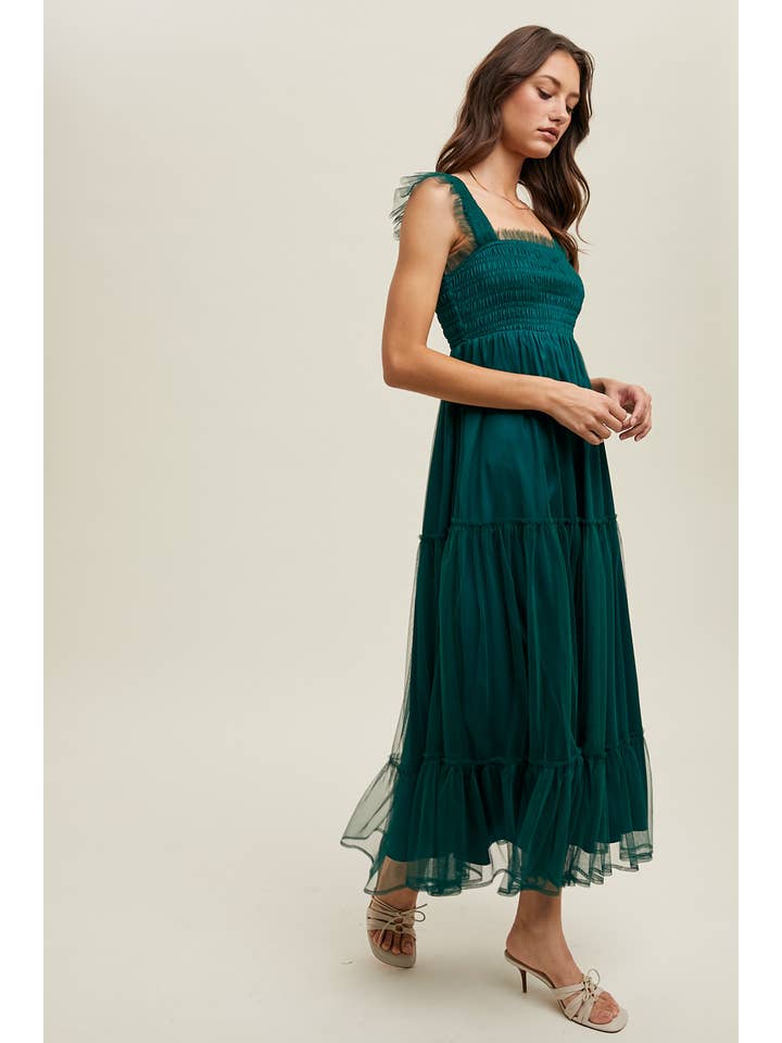 T GREEN ORGANZA TIERED MIDI DRESS / WL24-9372 for wholesale on Faire