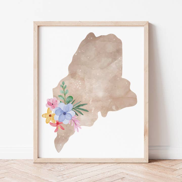 Maine Floral Silhouette Art Print for wholesale by Backstory Map Co.