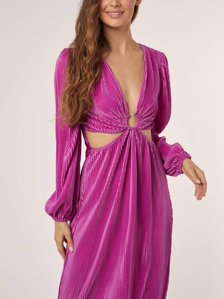 O RINGED TRIM DEEP V NECK LONG SLV DRESS for wholesale by Hers & Mine