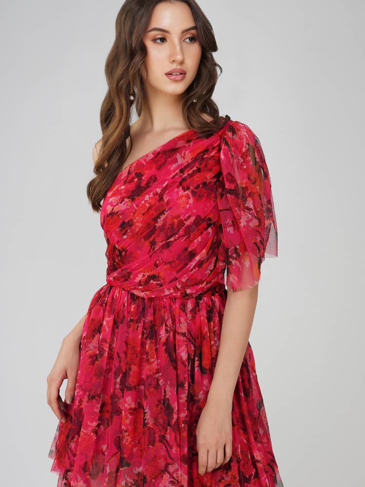 Rowena Red Pink Printed One Shoulder Tulle Maxi Dress for wholesale by Lace & Beads