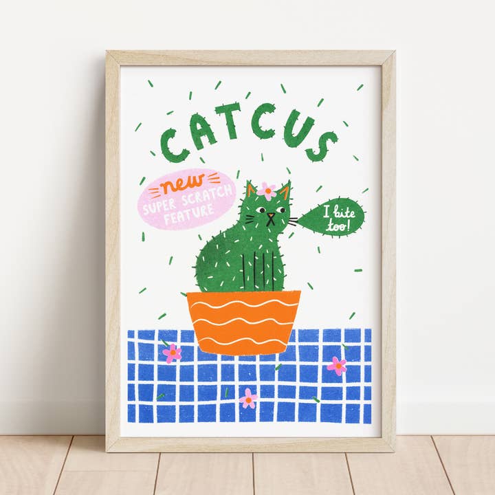 Catcus– Cat Cactus Heavyweight Riso Print for wholesale by Nat Ellis Illustration