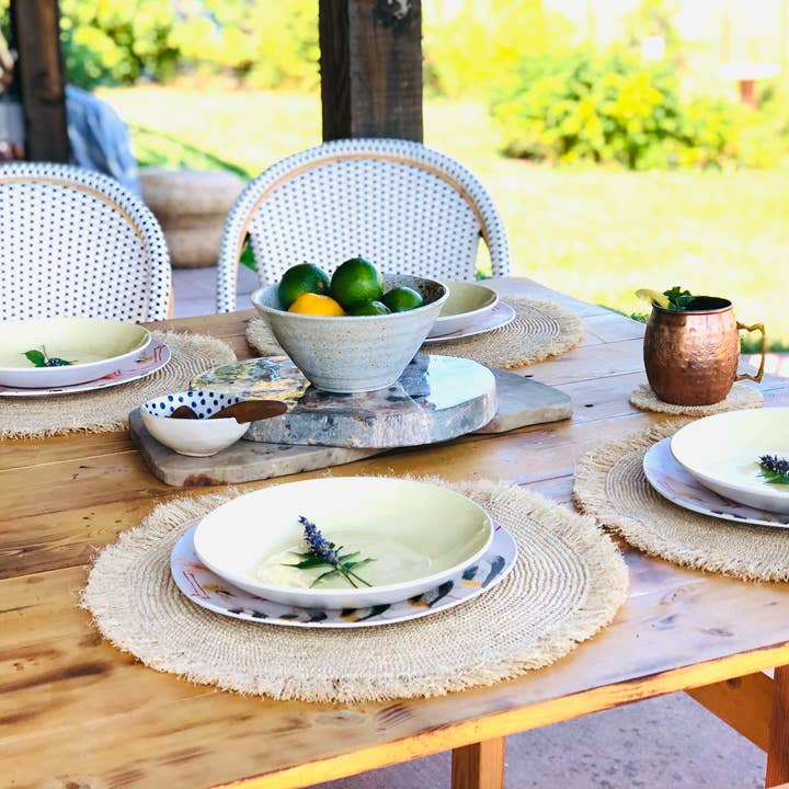 Shebobo - Vente Sous-verre - Sets de sous-verres en raphia crocheté rond Imani avec bordure à franges.4