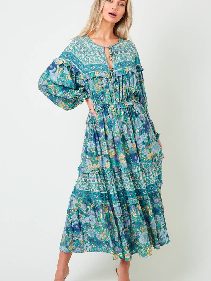 SID2163A BLUE MULTI PRINTED RUFFLE MIDI DRESS for wholesale by Saints & Hearts