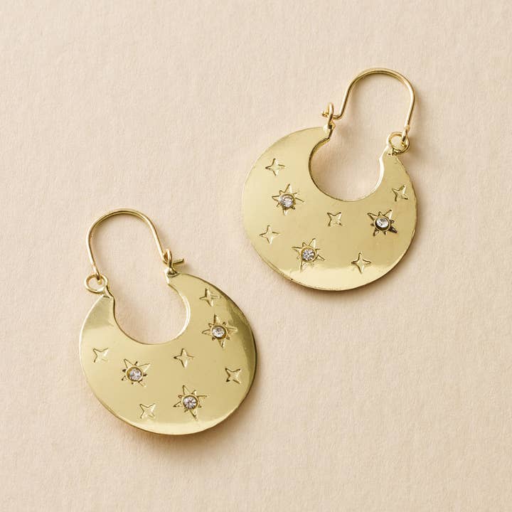Matr Boomie Fair Trade – Brincos de argola por atacado – Brincos de argola plana Sitara Starry - Dourado