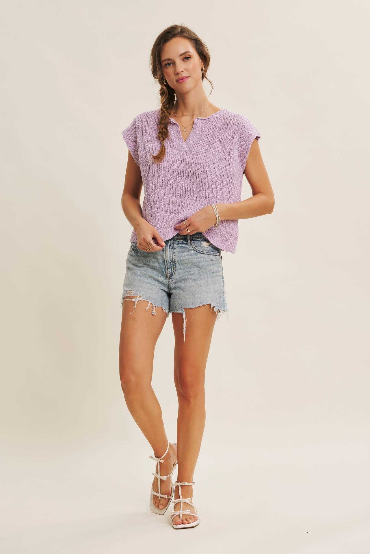 in february - Wholesale Knit Sweater - Women's - RELAXED FIT SLUB KNIT SWEATER TOP WITH SPLIT NECK57