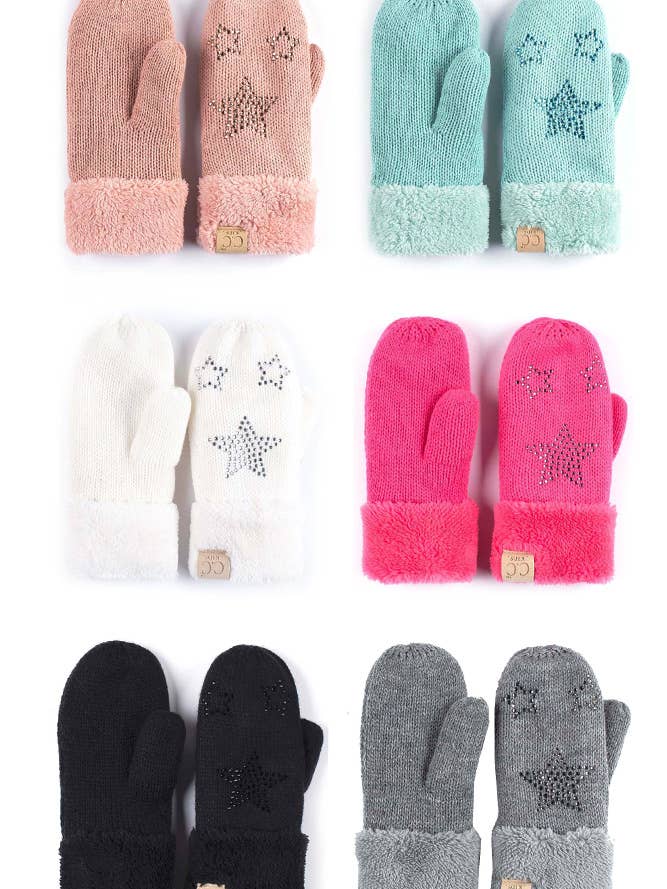 Mitaine tricotée en fourrure à strass C.C pour enfants pour la vente par Hana